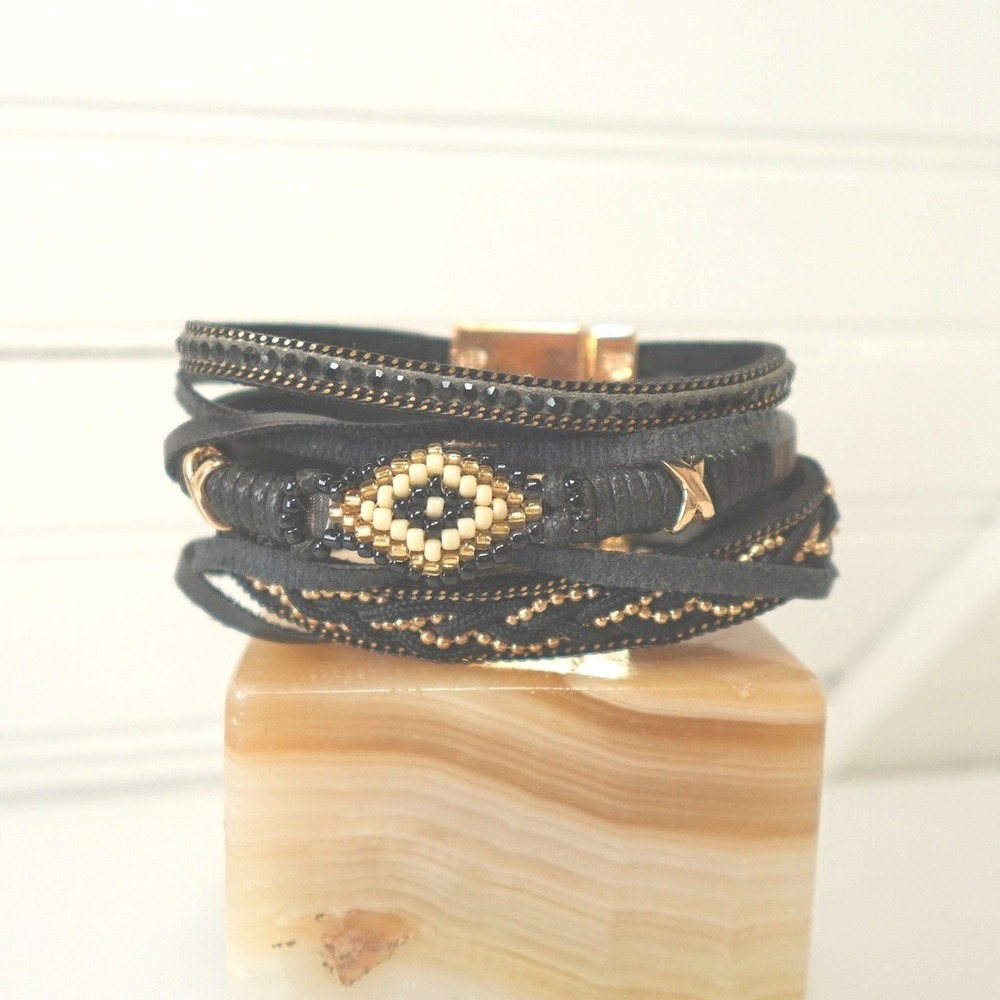Multi-Strand Leather Bracelet Y2K Beaded Braided Gold Tone Wrap Erimish Jewelry